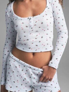 SKIMS Christmas Holiday Cloud Holly Waffle Long Sleeve Henley & Shorts Set